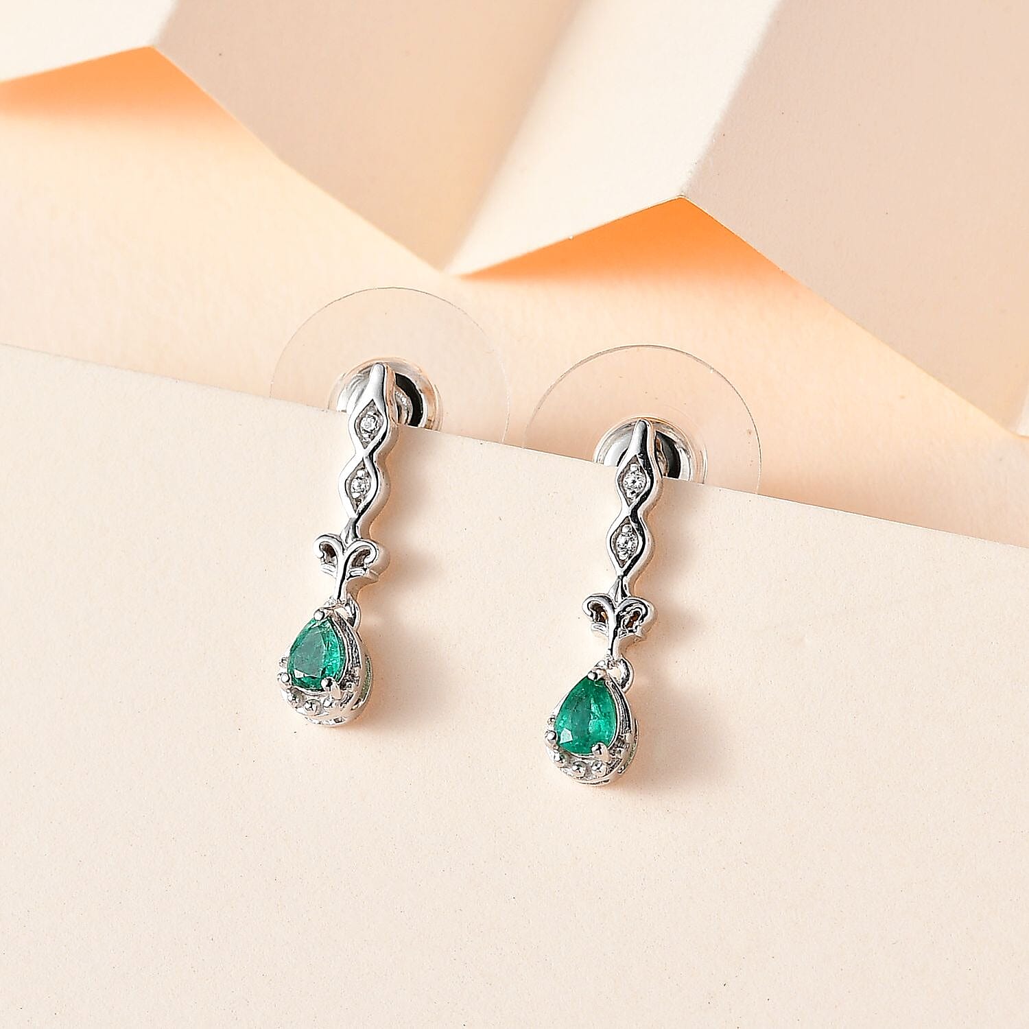Kagem Zambian Emerald and White Zircon Dangling Earrings in Platinum Over Sterling Silver 0.35 ctw