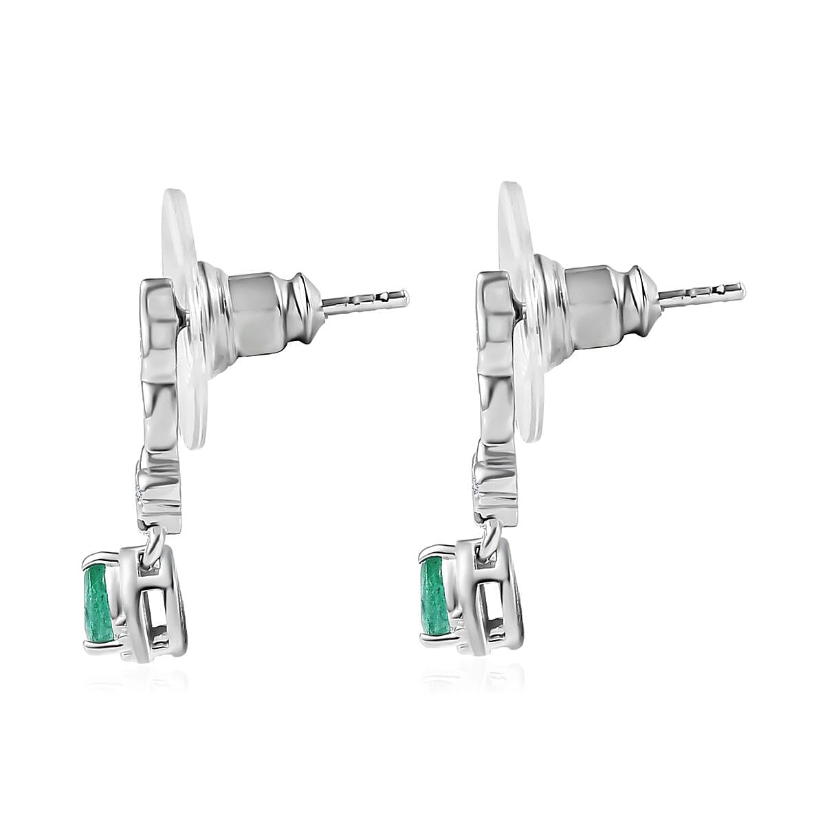 Kagem Zambian Emerald and White Zircon Dangling Earrings in Platinum Over Sterling Silver 0.35 ctw