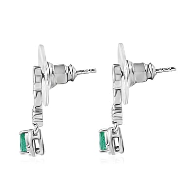 Kagem Zambian Emerald and White Zircon Dangling Earrings in Platinum Over Sterling Silver 0.35 ctw