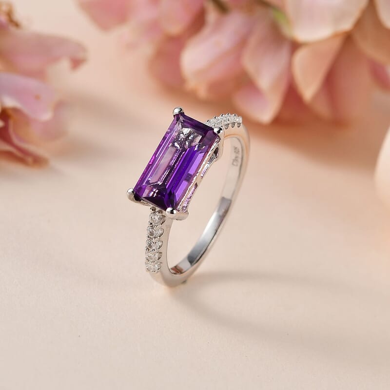 Moroccan Amethyst and Moissanite Ring in Platinum Over Sterling Silver (Size 10.0) 1.80 ctw