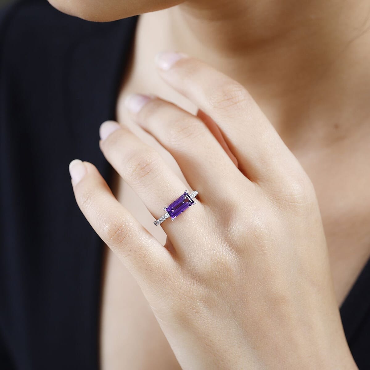 Moroccan Amethyst and Moissanite Ring in Platinum Over Sterling Silver (Size 8.0) 1.80 ctw image number 2