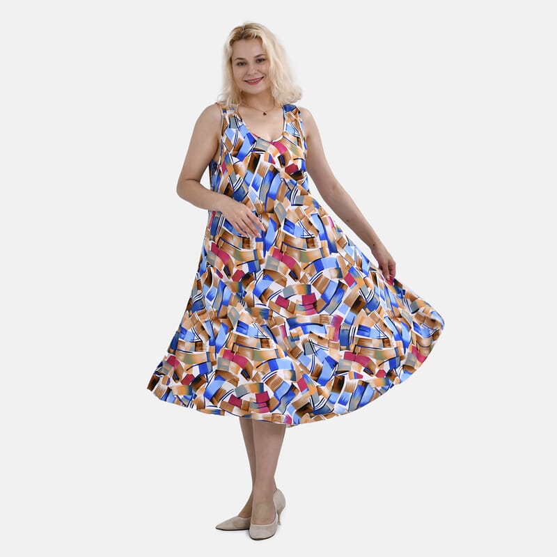 Tamsy Blue Art A-Line Viscose Sleeveless Dress - One Size Missy