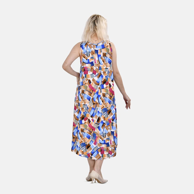 Tamsy Blue Art A-Line Viscose Sleeveless Dress - One Size Missy