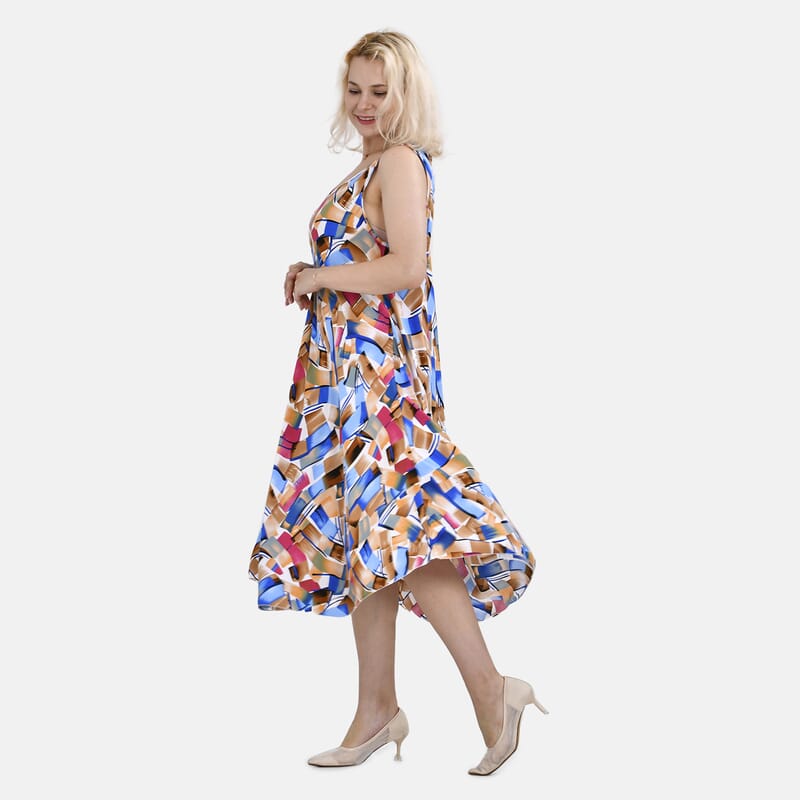 Tamsy Blue Art A-Line Viscose Sleeveless Dress - One Size Missy