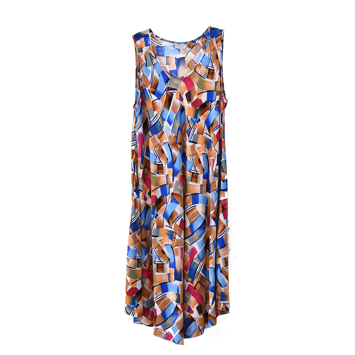 Tamsy Blue Art A-Line Viscose Sleeveless Dress - One Size Missy