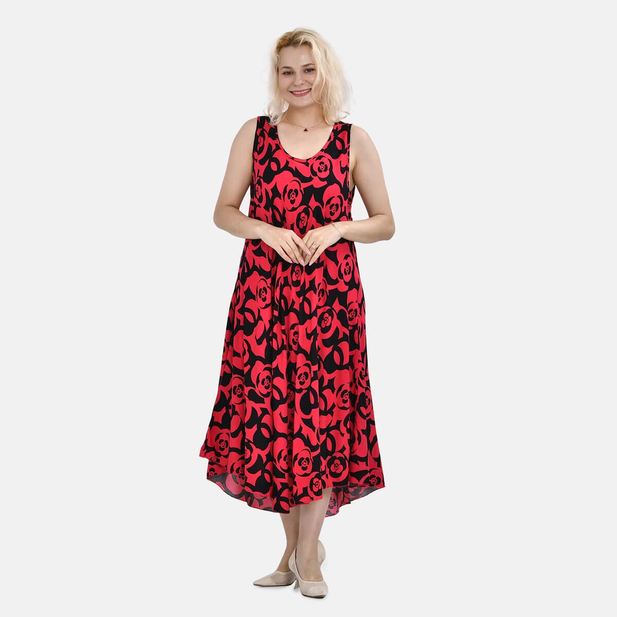 Tamsy Red Rose A-Line Viscose Sleeveless Dress - One Size Missy image number 0