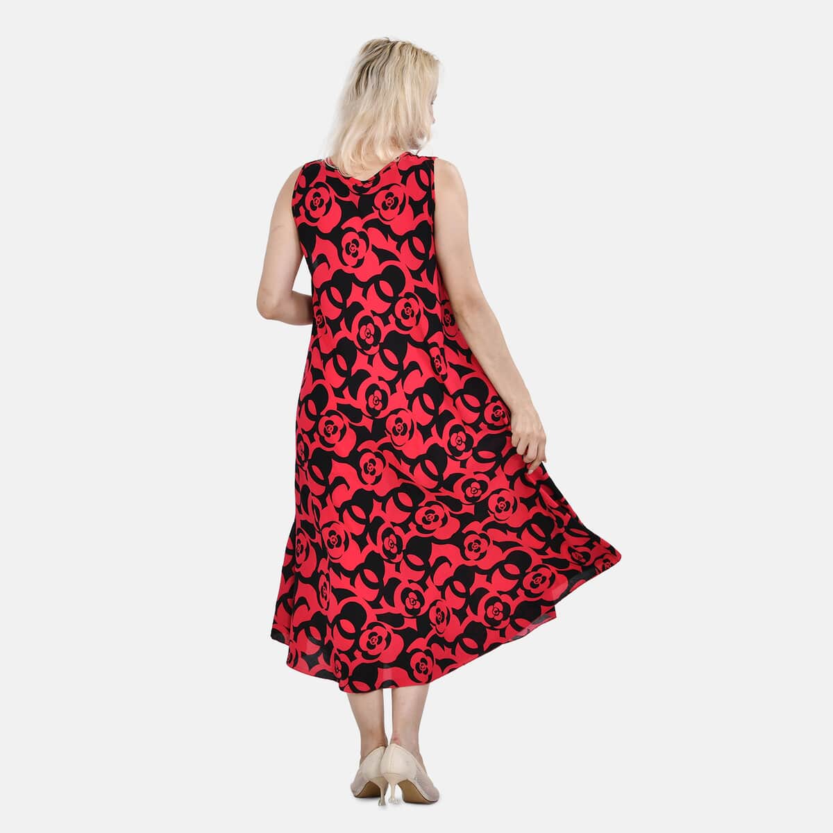 Tamsy Red Rose A-Line Viscose Sleeveless Dress - One Size Missy image number 1