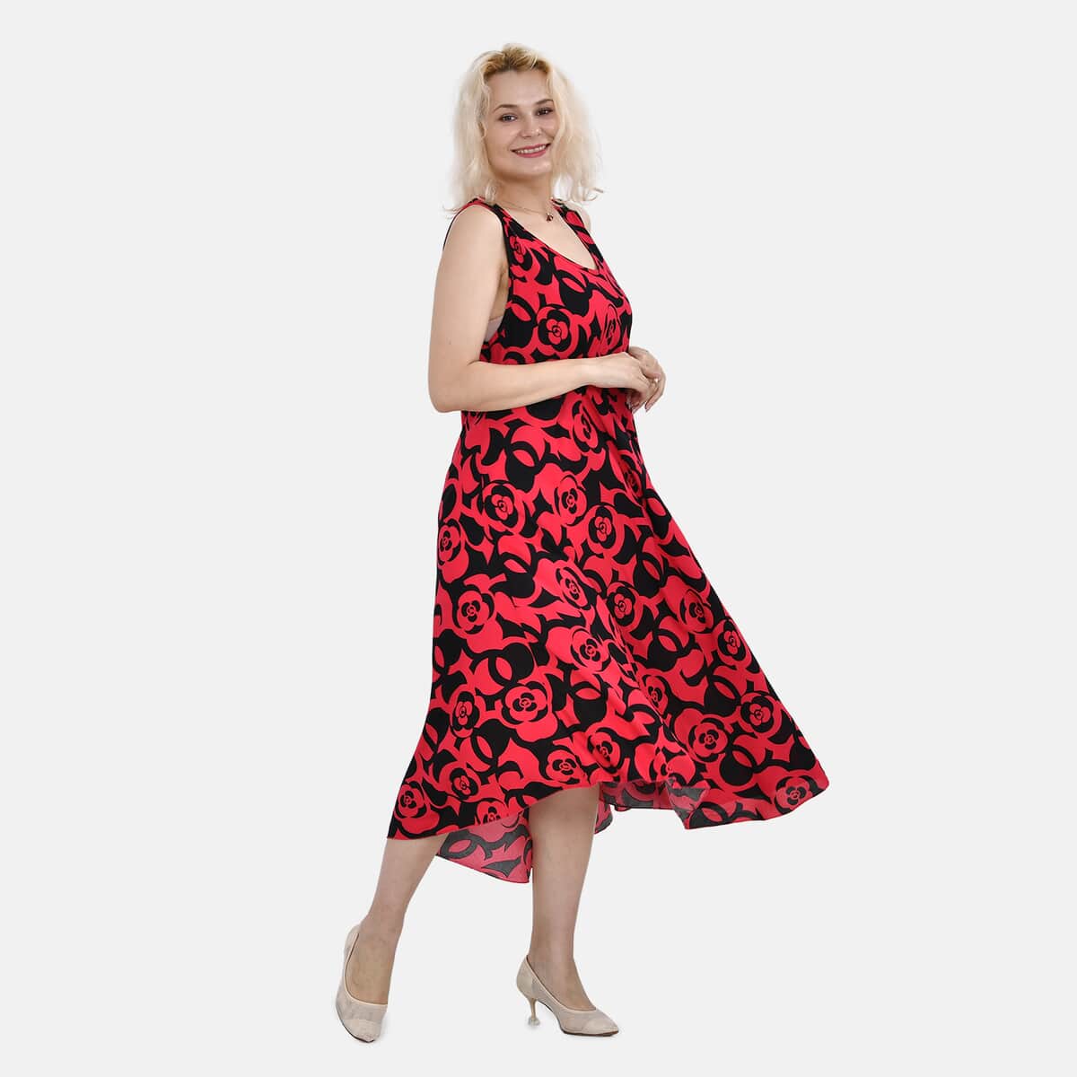 Tamsy Red Rose A-Line Viscose Sleeveless Dress - One Size Missy image number 2