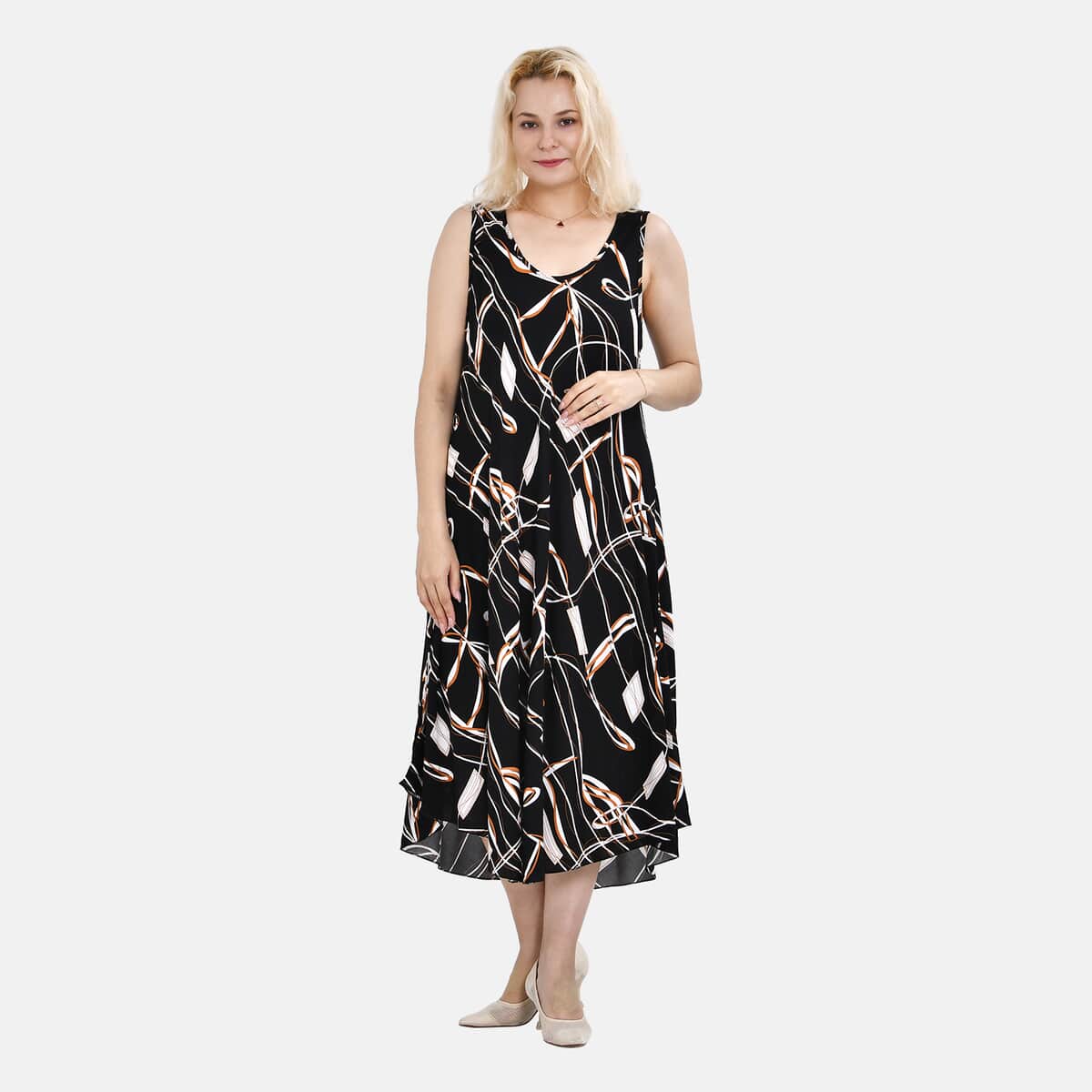 Tamsy Black Abstract A-Line Viscose Sleeveless Dress - One Size Missy image number 0