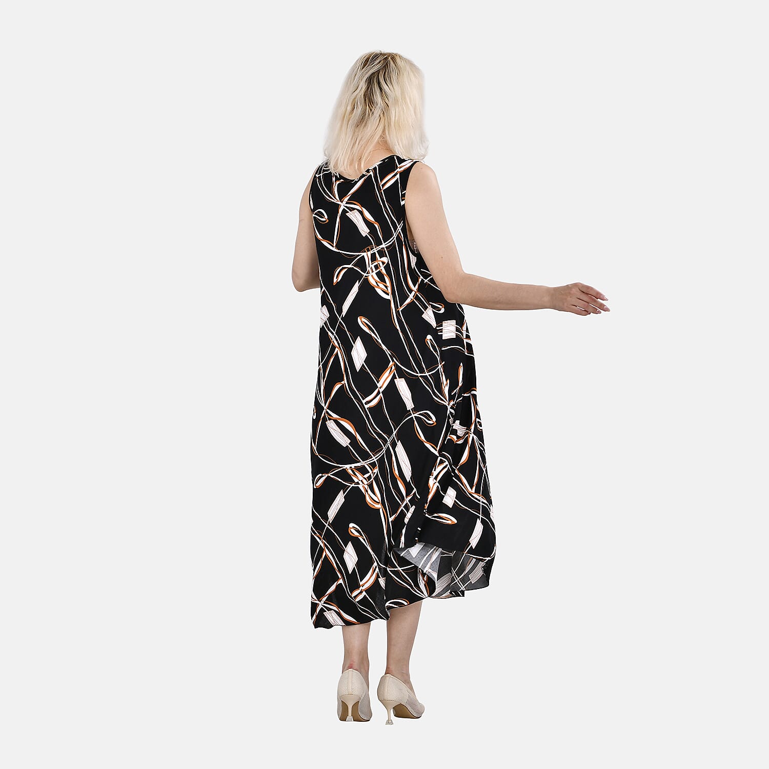 Tamsy Black Abstract A-Line Viscose Sleeveless Dress - One Size Missy