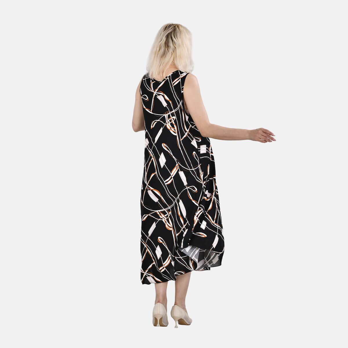 Tamsy Black Abstract A-Line Viscose Sleeveless Dress - One Size Missy image number 1