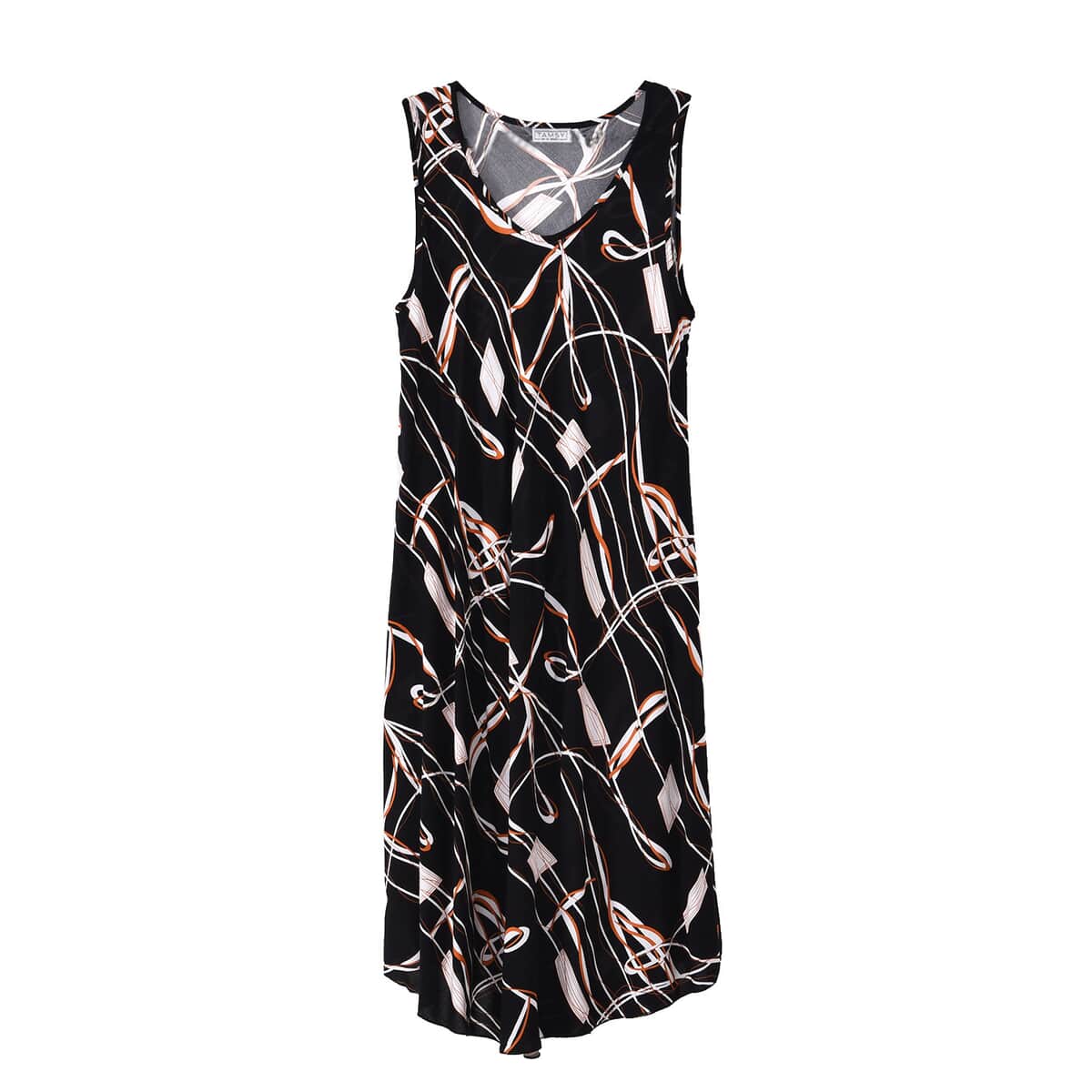 Tamsy Black Abstract A-Line Viscose Sleeveless Dress - One Size Missy image number 4