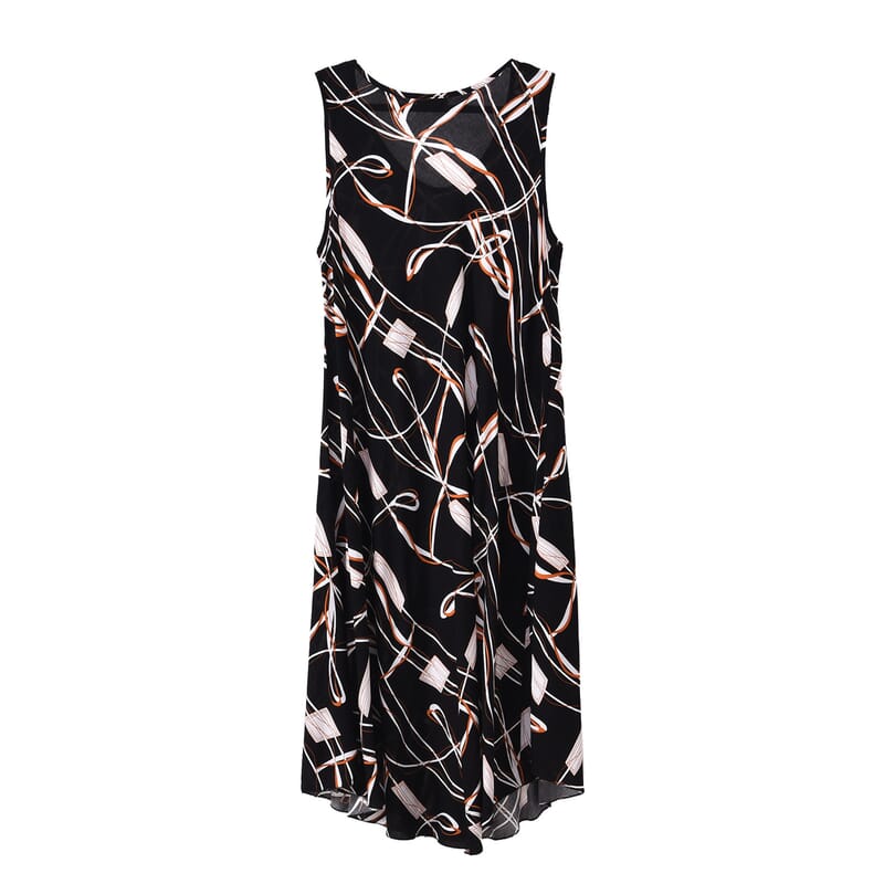Tamsy Black Abstract A-Line Viscose Sleeveless Dress - One Size Missy