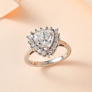 Moissanite Halo Ring in Platinum Over Sterling Silver (Size 5.0) 2.25 ctw