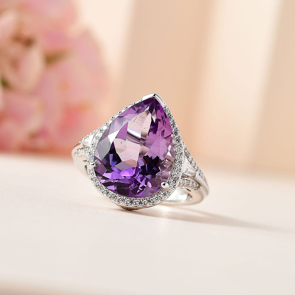 AAA Rose De France Amethyst and Moissanite Ring in Platinum Over Sterling Silver (Size 7.0) 8.50 ctw image number 1