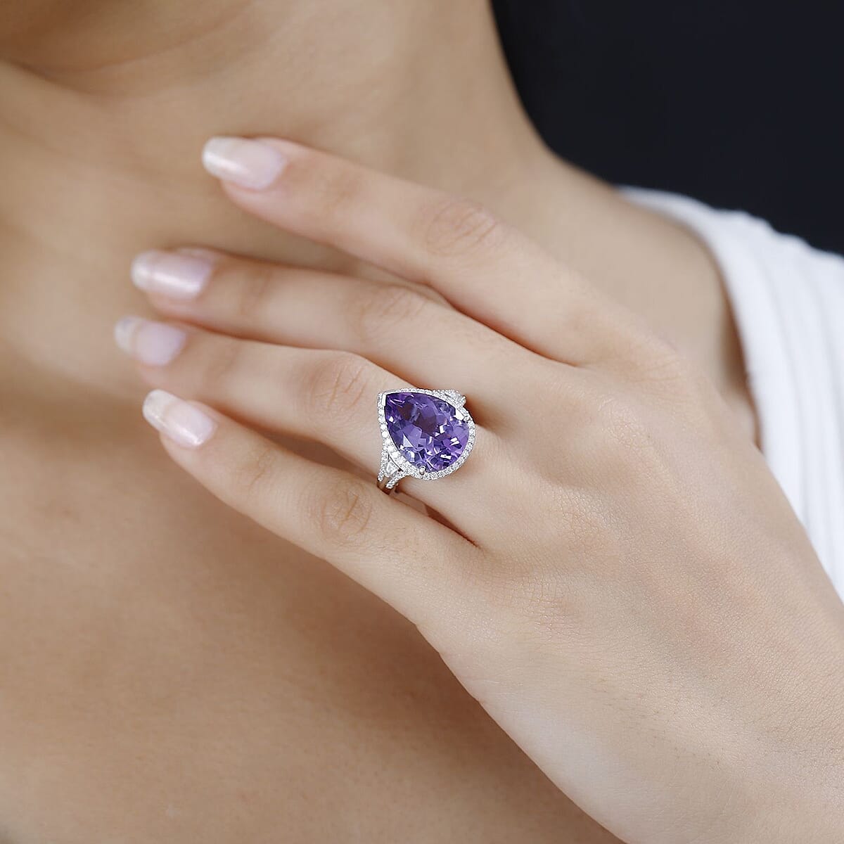 AAA Rose De France Amethyst and Moissanite Ring in Platinum Over Sterling Silver (Size 7.0) 8.50 ctw image number 2