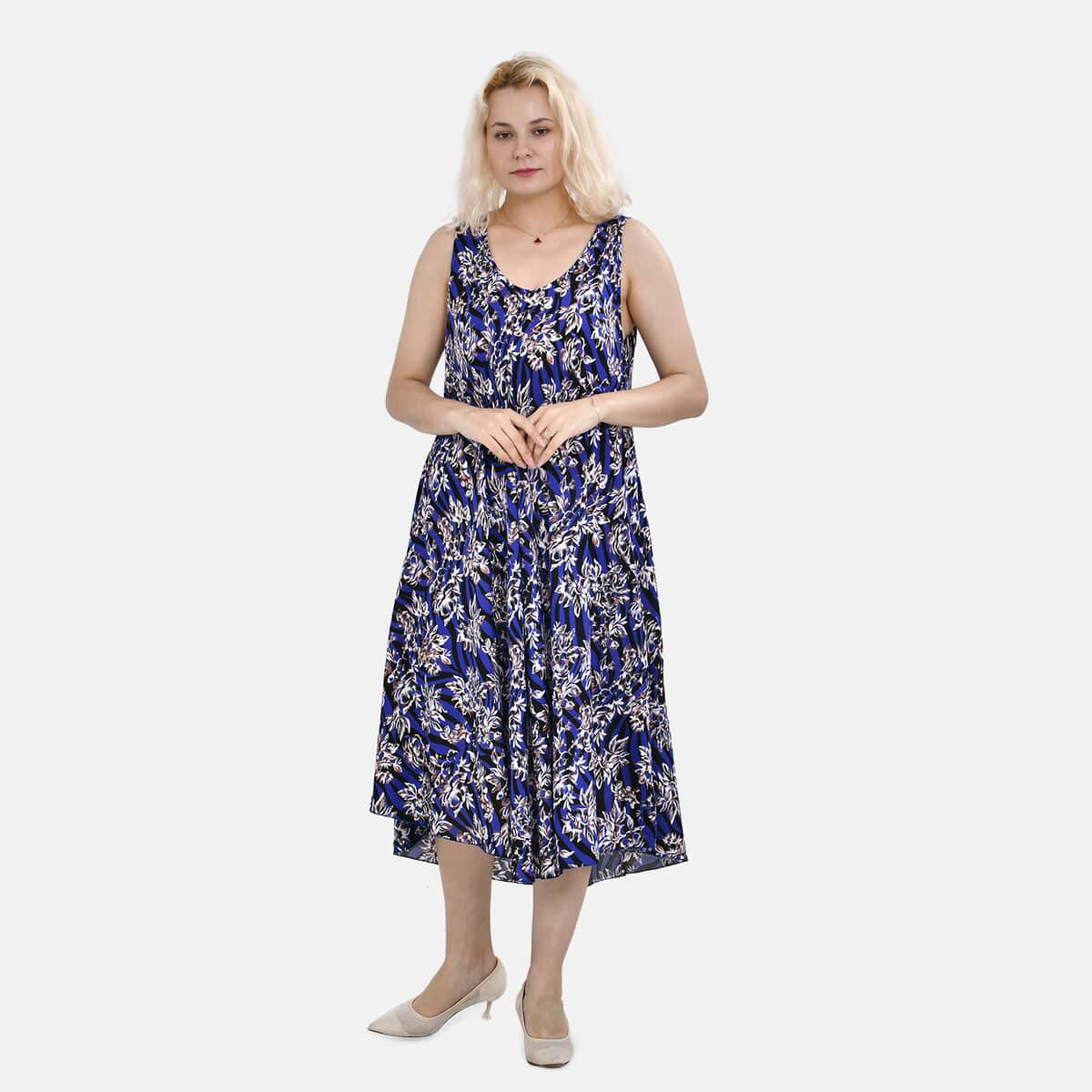 Tamsy Blue Floral A-Line Viscose Sleeveless Dress - One Size Missy image number 0