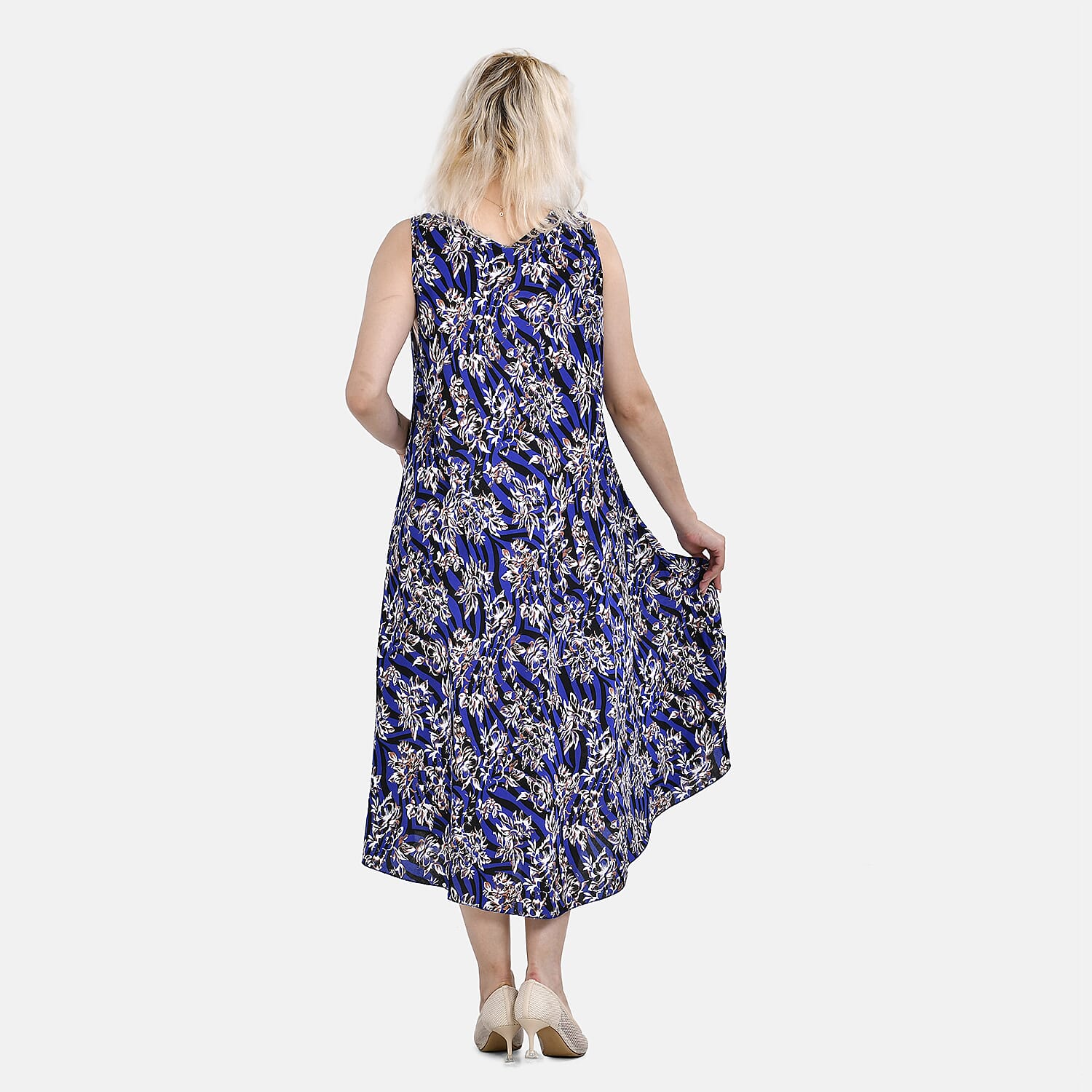 Tamsy Blue Floral A-Line Viscose Sleeveless Dress - One Size Missy