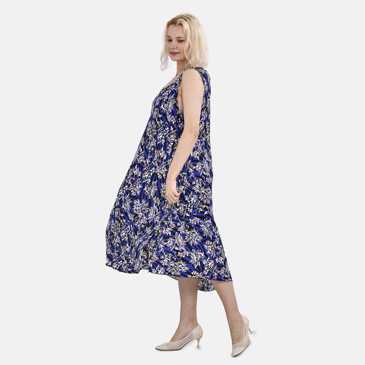 Tamsy Blue Floral A-Line Viscose Sleeveless Dress - One Size Missy image number 2