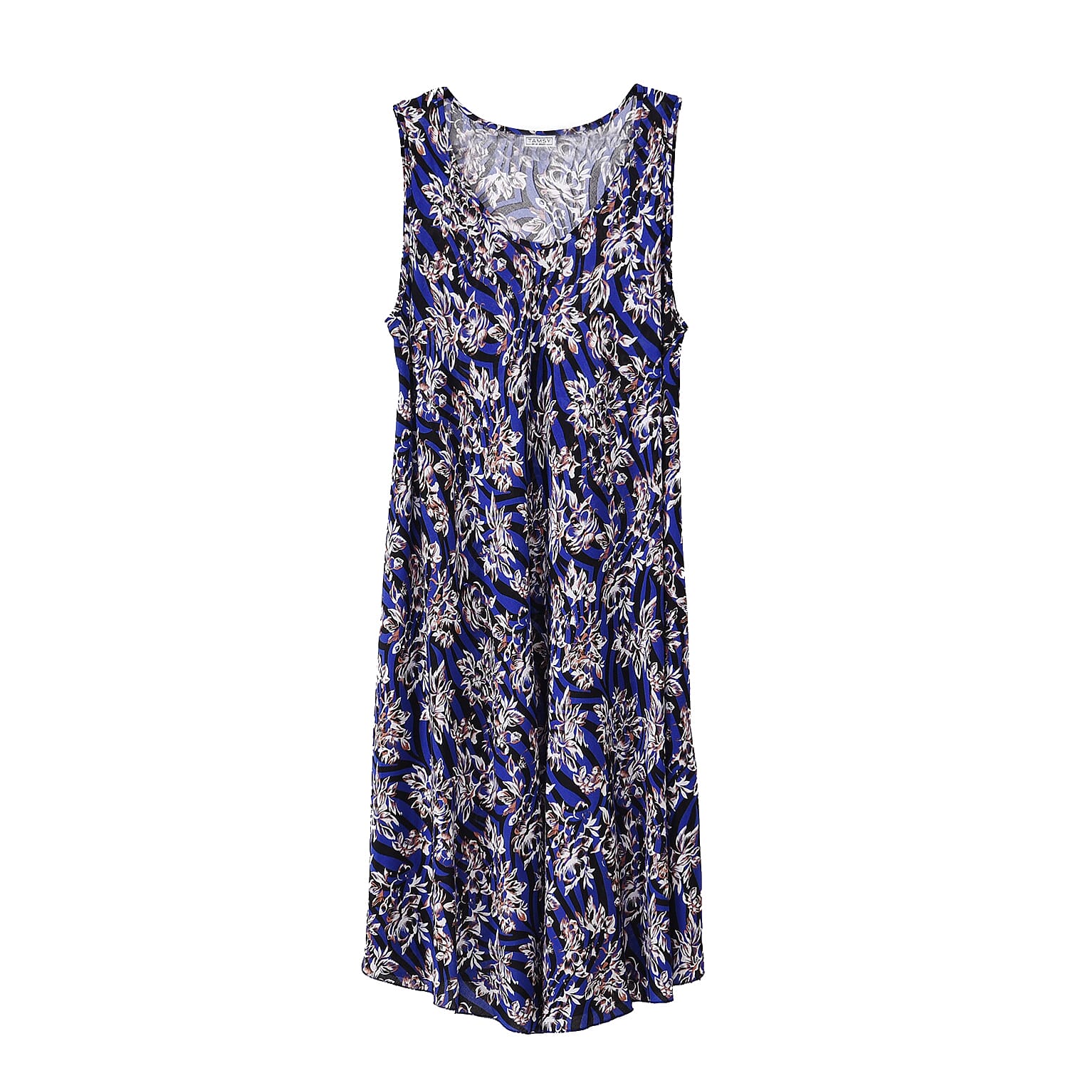 Tamsy Blue Floral A-Line Viscose Sleeveless Dress - One Size Missy