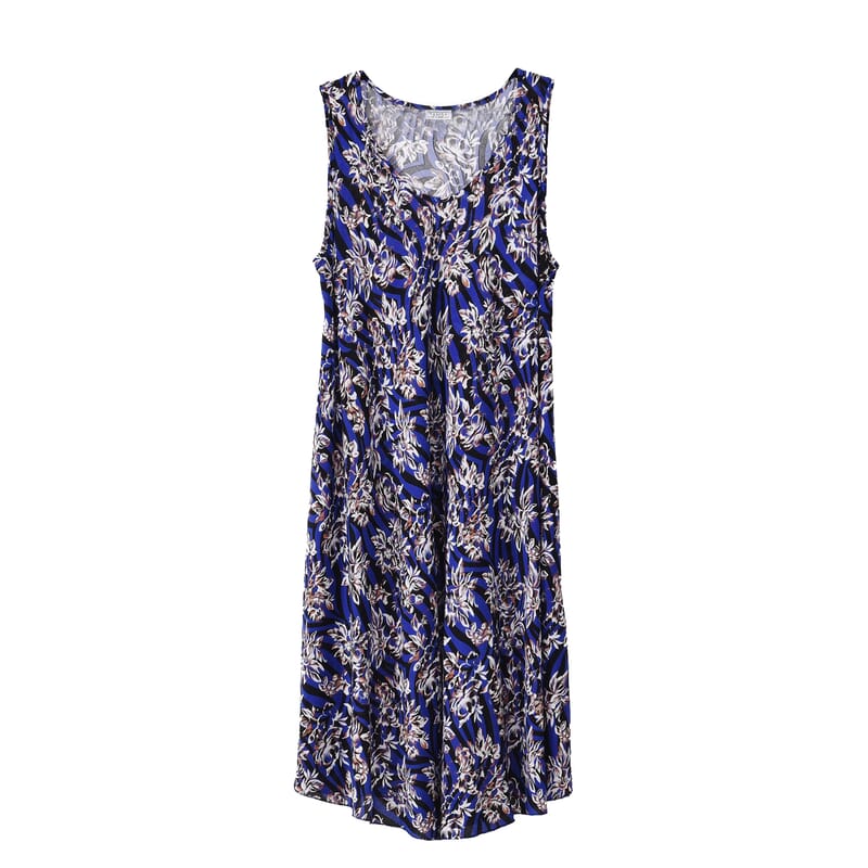 Tamsy Blue Floral A-Line Viscose Sleeveless Dress - One Size Missy