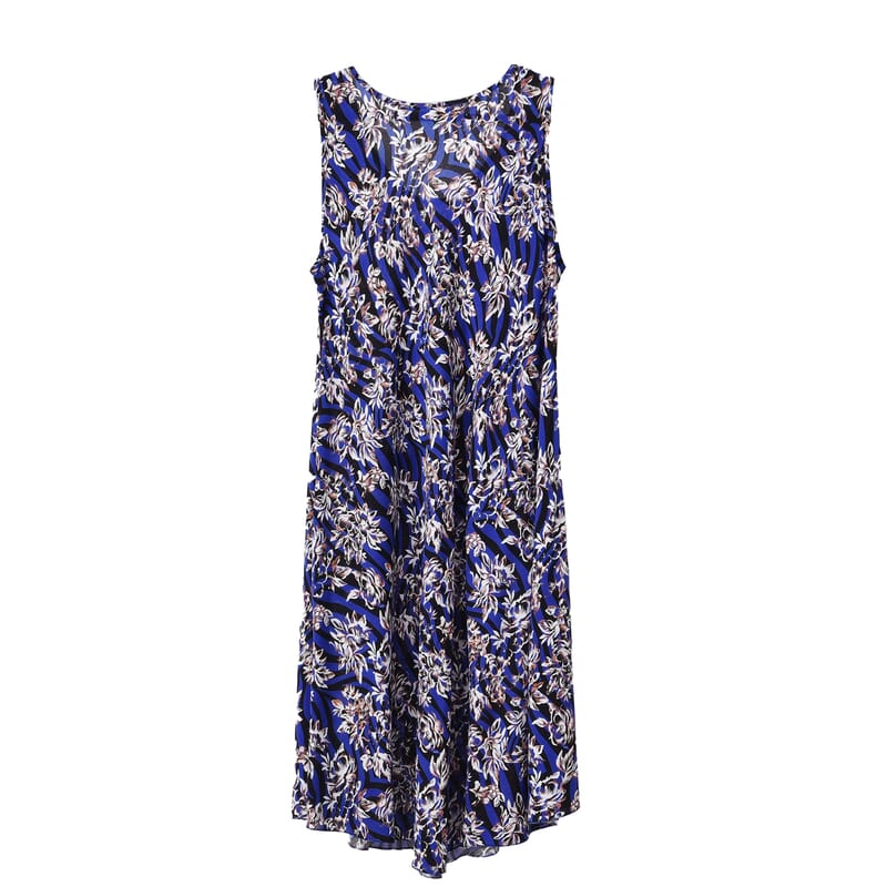 Tamsy Blue Floral A-Line Viscose Sleeveless Dress - One Size Missy