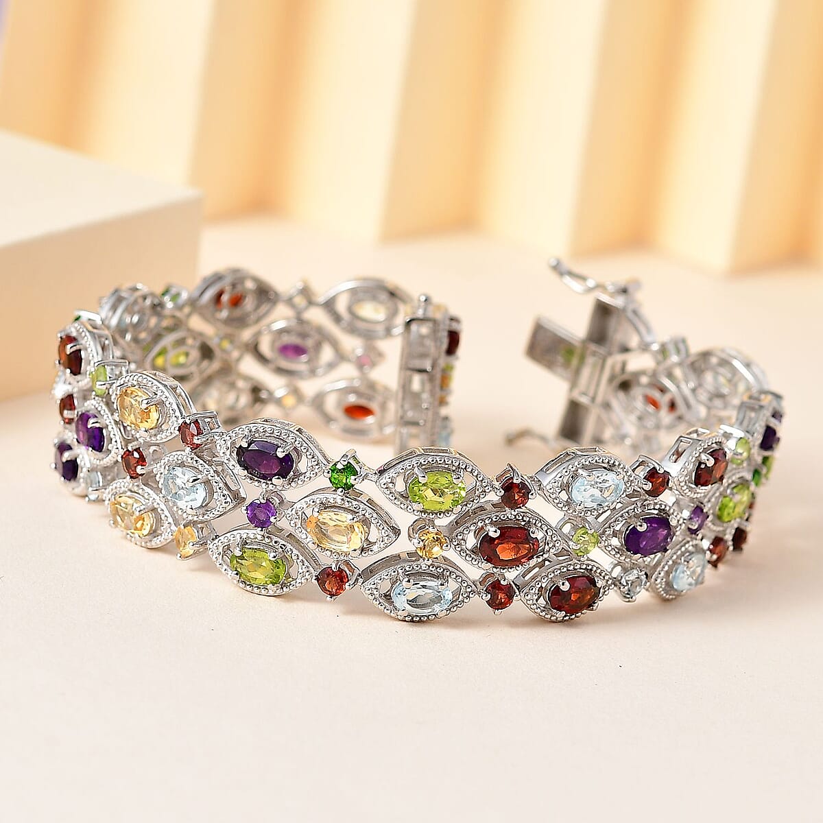 Multi Gemstone 3 Row Bracelet in Platinum Over Sterling Silver (6.50 In) 19.40 ctw image number 1