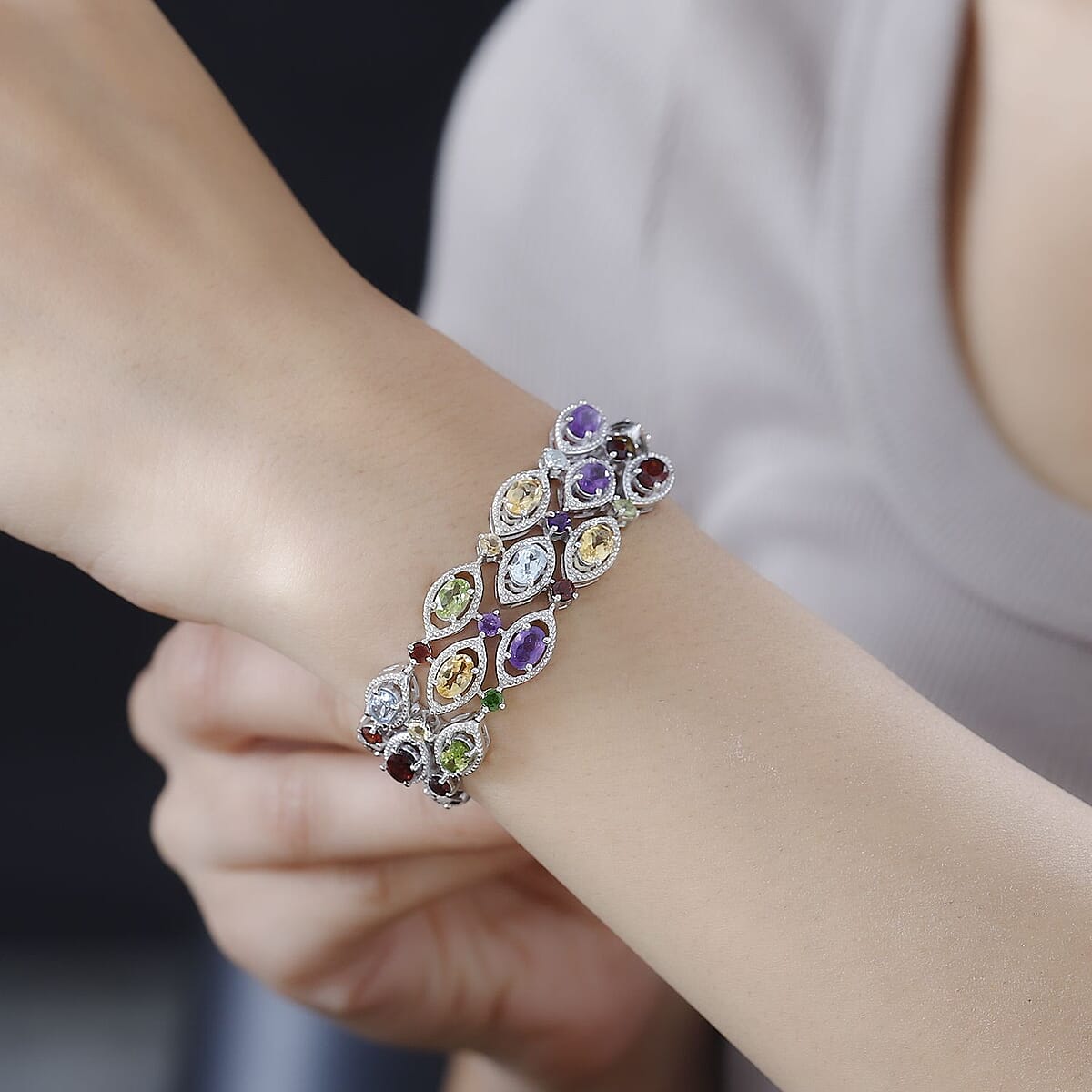 Multi Gemstone 3 Row Bracelet in Platinum Over Sterling Silver (6.50 In) 19.40 ctw image number 2