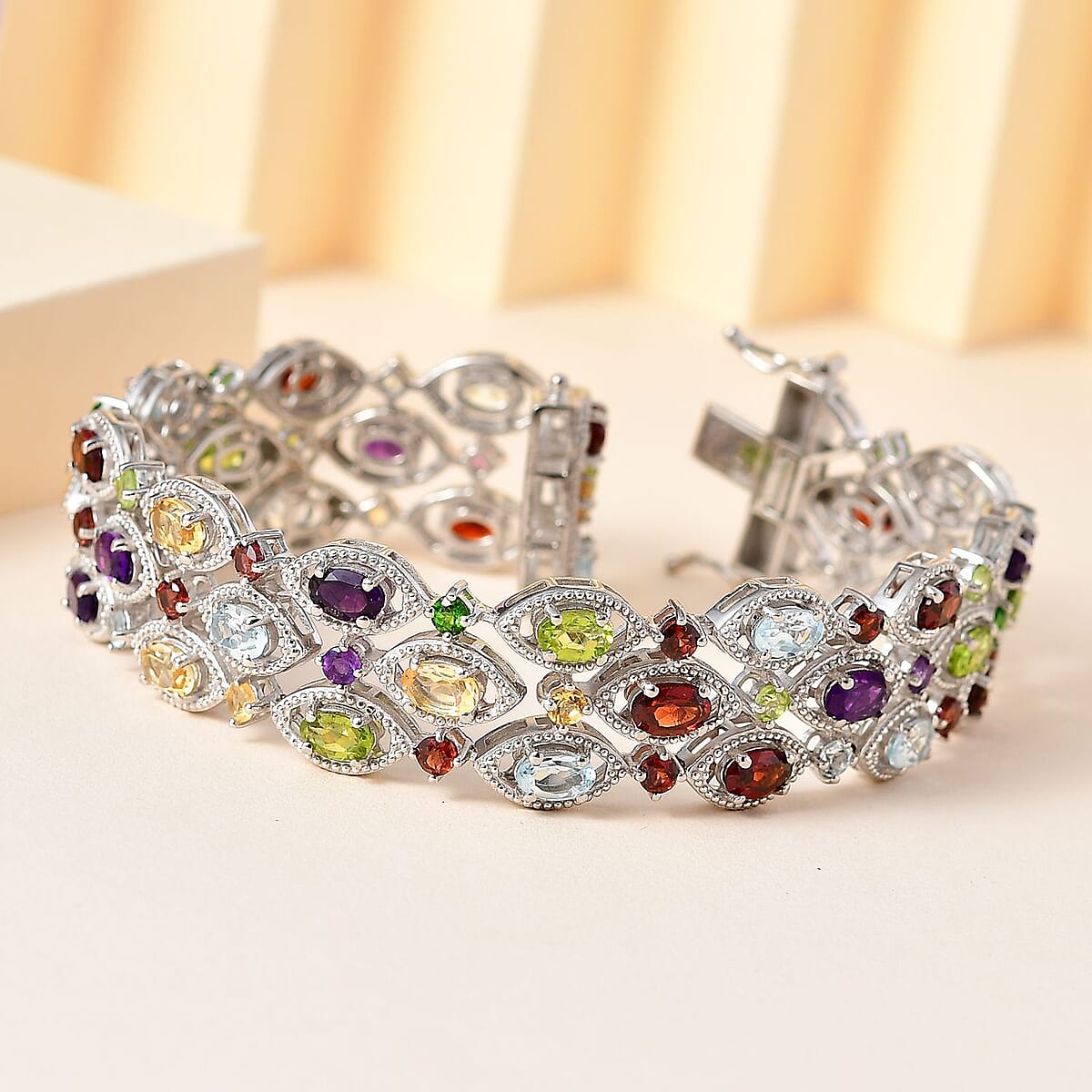 Multi Gemstone 3 Row Bracelet in Platinum Over Sterling Silver (8.00 In) 23.30 ctw image number 1