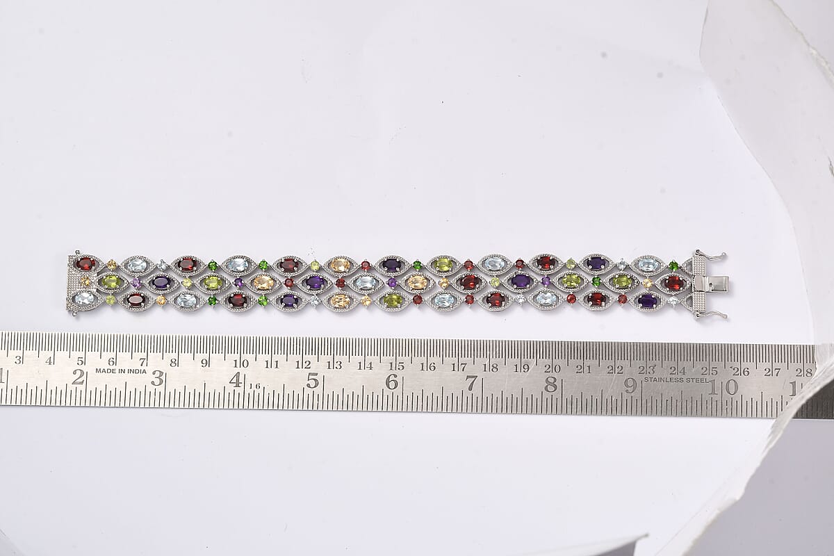 Multi Gemstone 3 Row Bracelet in Platinum Over Sterling Silver (8.00 In) 23.30 ctw image number 4
