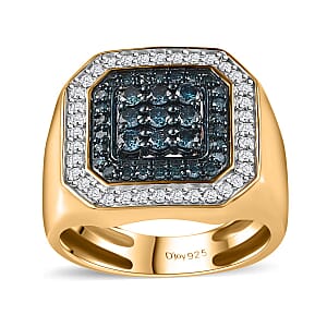 D'Joy Venice Blue Diamond I2-I3 and Diamond 1.00 ctw Men's Ring in Vermeil Yellow Gold Over Sterling Silver (Size 10.0)