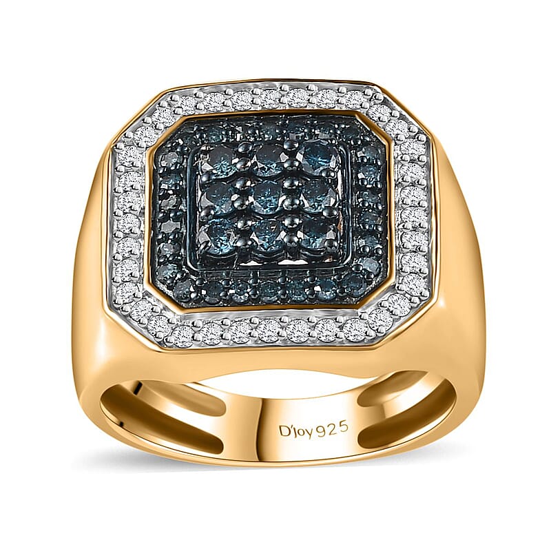 D'Joy Venice Blue Diamond I2-I3 and Diamond 1.00 ctw Men's Ring in Vermeil Yellow Gold Over Sterling Silver (Size 10.0)