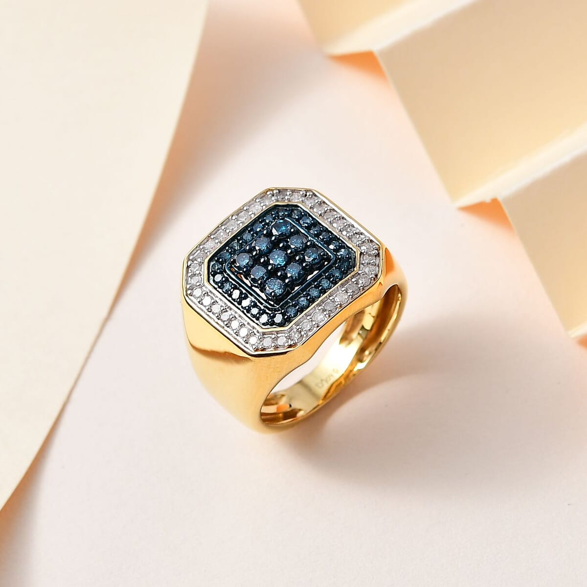 Venice Blue Diamond (I2-I3), Diamond Men's Ring in Vermeil YG Over Sterling Silver (Size 10.0) 1.05 ctw image number 1