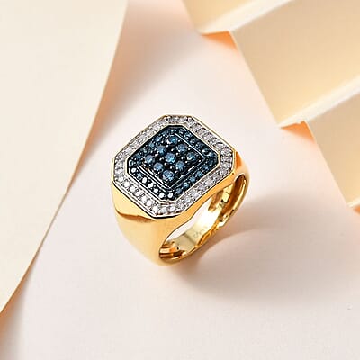 D'Joy Venice Blue Diamond I2-I3 and Diamond 1.00 ctw Men's Ring in Vermeil Yellow Gold Over Sterling Silver (Size 10.0)
