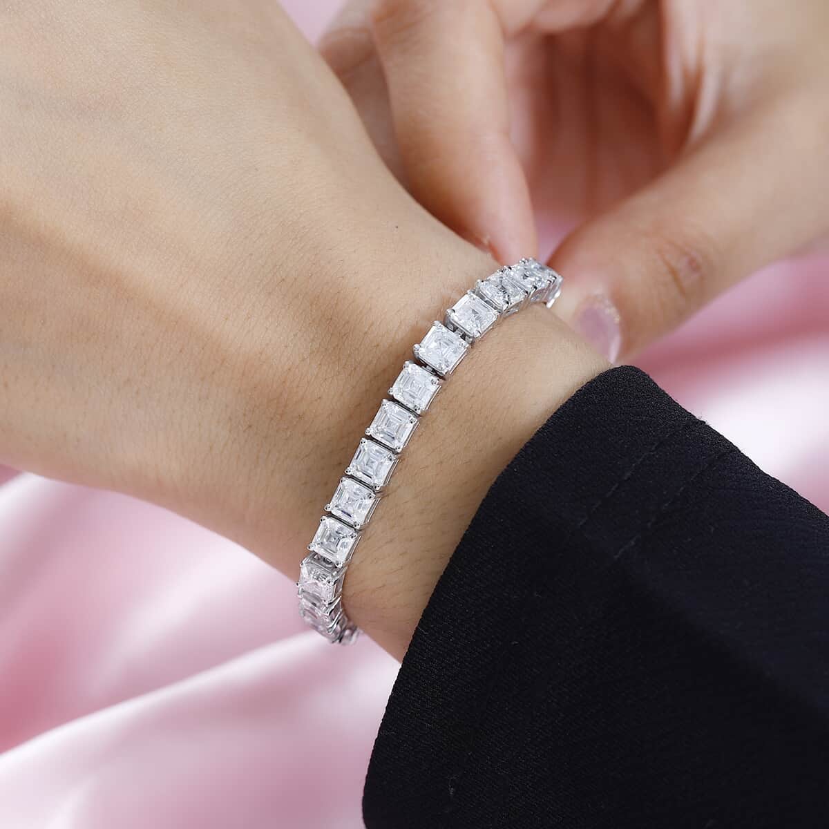 Asscher Cut Moissanite Tennis Bracelet in Platinum Over Sterling Silver (7.25 In) 19.40 ctw image number 2