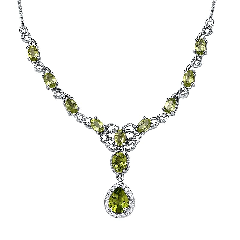Peridot and White Zircon Necklace 18-20 Inches in Platinum Over Sterling Silver 6.75 ctw