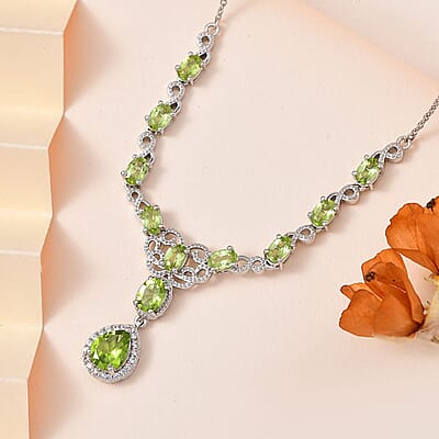 Peridot and White Zircon Necklace 18-20 Inches in Platinum Over Sterling Silver 6.75 ctw