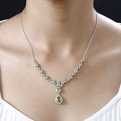 Peridot and White Zircon Necklace 18-20 Inches in Platinum Over Sterling Silver 6.75 ctw