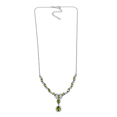 Peridot and White Zircon Necklace 18-20 Inches in Platinum Over Sterling Silver 6.75 ctw