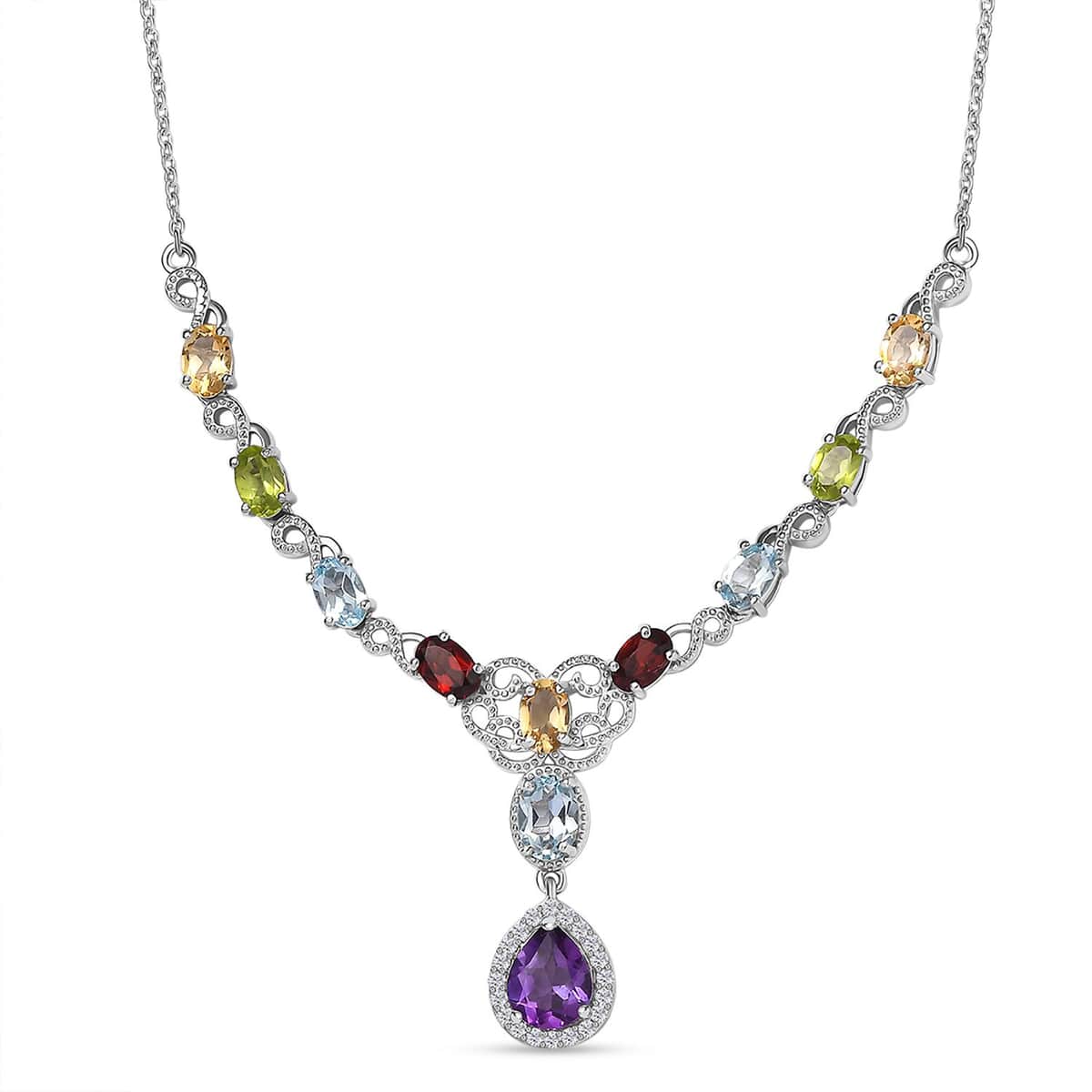 Multi Gemstone Necklace 18-20 Inches in Platinum Over Sterling Silver 7.50 ctw image number 0