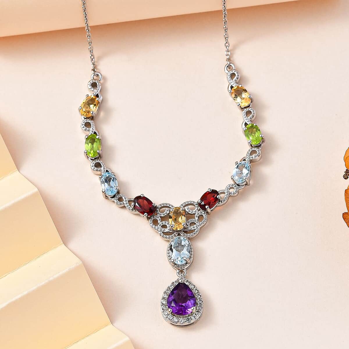 Multi Gemstone Necklace 18-20 Inches in Platinum Over Sterling Silver 7.50 ctw image number 1