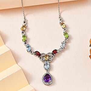 Multi Gemstone Necklace 18-20 Inches in Platinum Over Sterling Silver 7.50 ctw