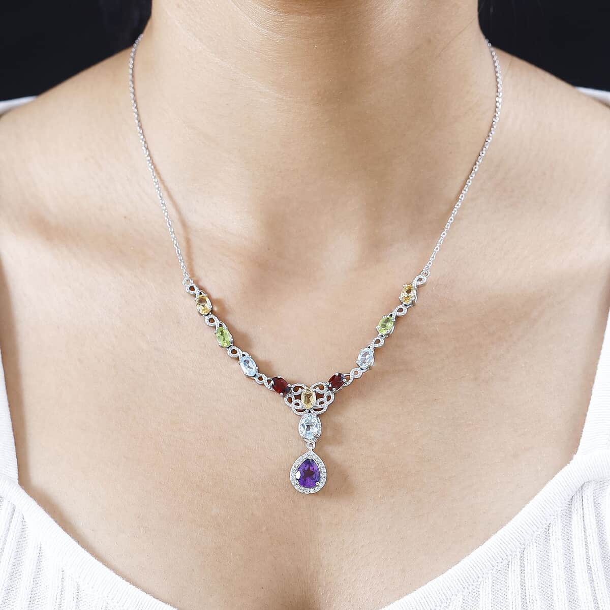 Multi Gemstone Necklace 18-20 Inches in Platinum Over Sterling Silver 7.50 ctw image number 2