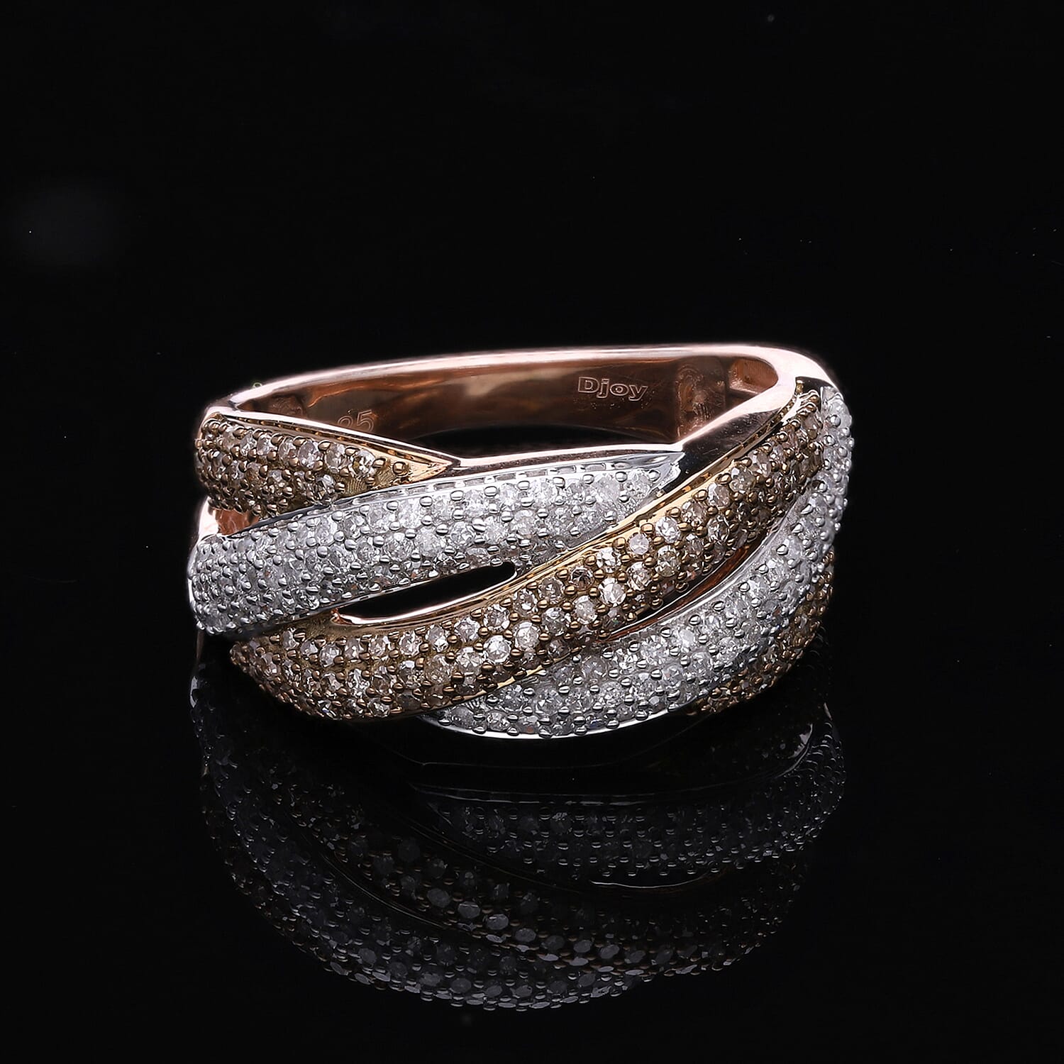 Natural Champagne and White Diamond Criss Cross Ring in Vermeil Rose Gold Over Sterling Silver (Size 10.0) 1.00 ctw