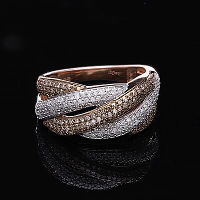 Natural Champagne and White Diamond Criss Cross Ring in Vermeil Rose Gold Over Sterling Silver (Size 10.0) 1.00 ctw