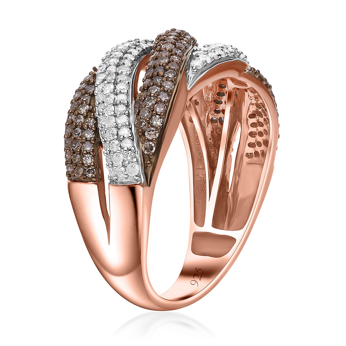 Natural Champagne and White Diamond Criss Cross Ring in Vermeil Rose Gold Over Sterling Silver (Size 10.0) 1.00 ctw