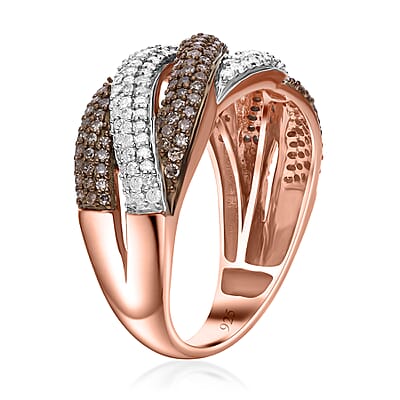 Natural Champagne and White Diamond Criss Cross Ring in Vermeil Rose Gold Over Sterling Silver (Size 10.0) 1.00 ctw
