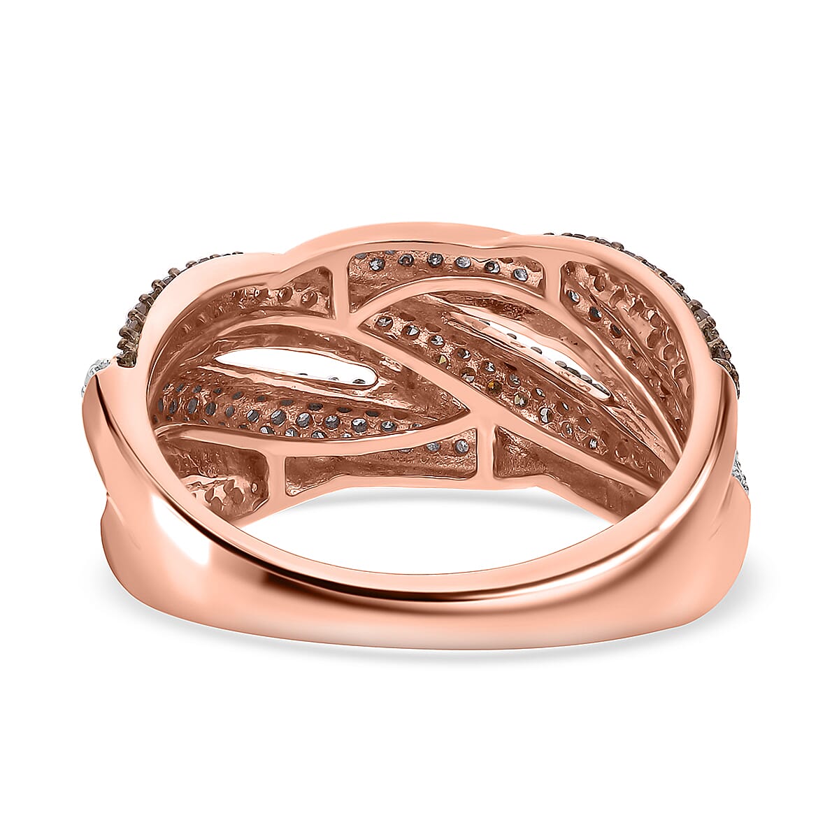Natural Champagne and White Diamond Criss Cross Ring in Vermeil Rose Gold Over Sterling Silver (Size 10.0) 1.00 ctw