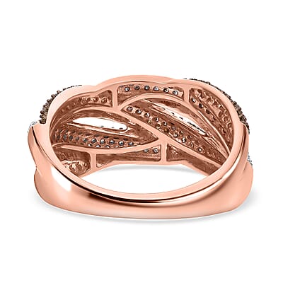 Natural Champagne and White Diamond Criss Cross Ring in Vermeil Rose Gold Over Sterling Silver (Size 10.0) 1.00 ctw