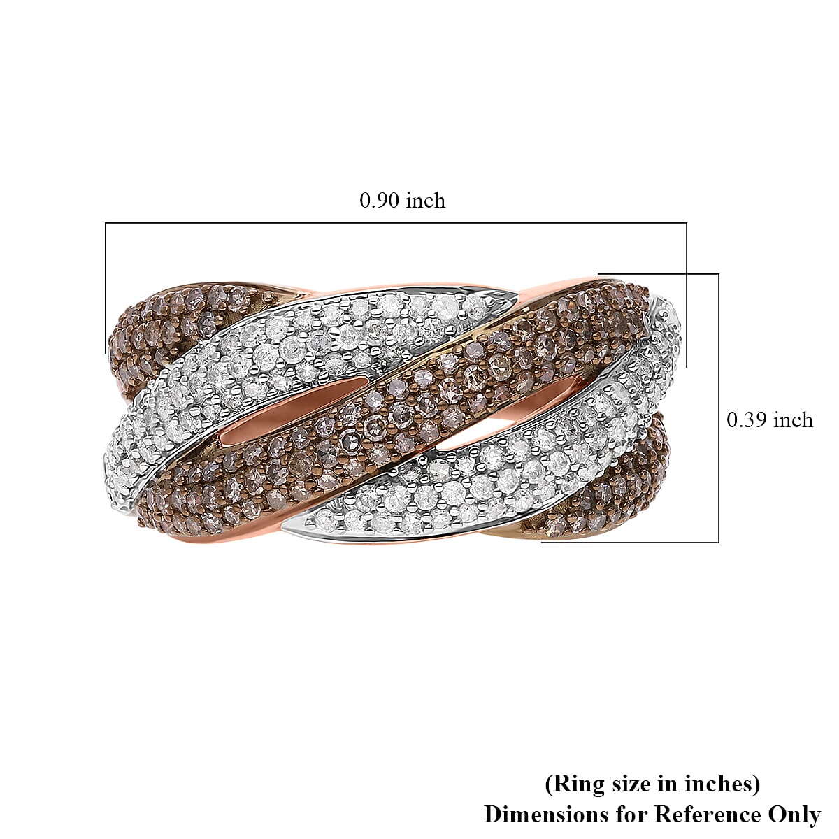 Natural Champagne and White Diamond Criss Cross Ring in Vermeil Rose Gold Over Sterling Silver (Size 10.0) 1.00 ctw